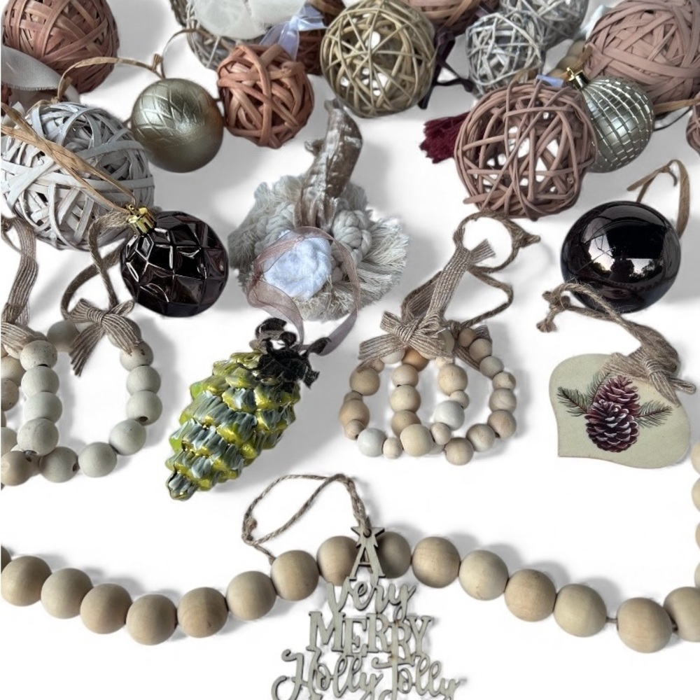 Rustic Christmas Ornament Set (32 pieces) and 4 ft. Beaded Garland